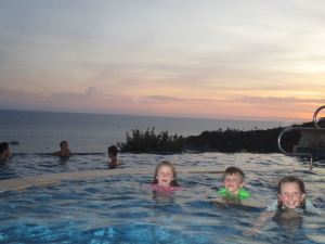 Sunset view of the Xaloc Bay from our hotel's infinity pool