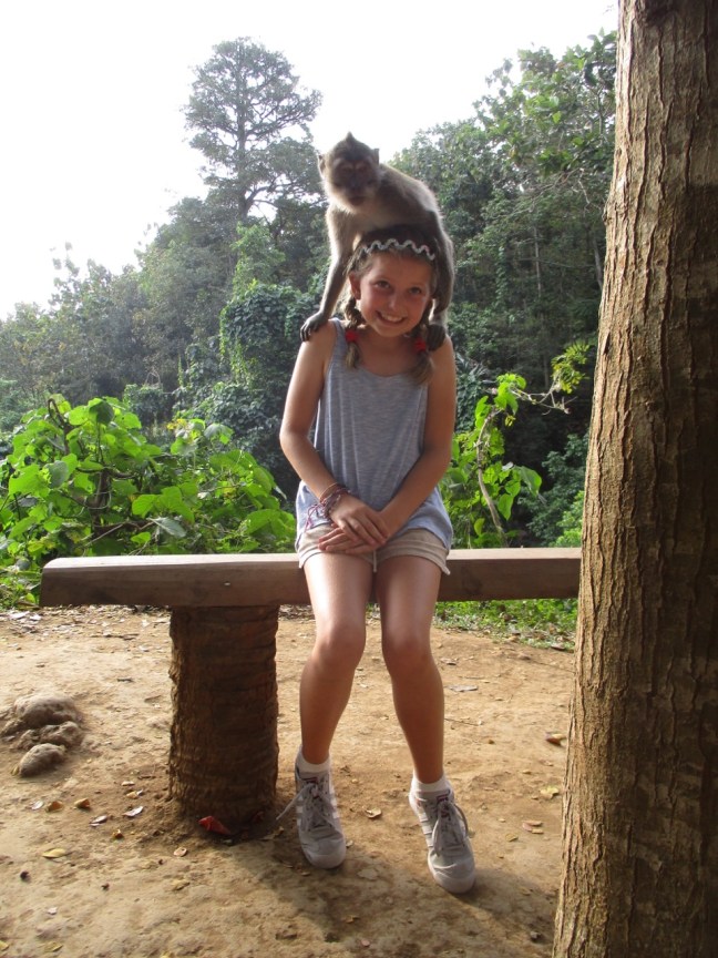 Pia's monkey friend at the Monkey Forest in Ubud.