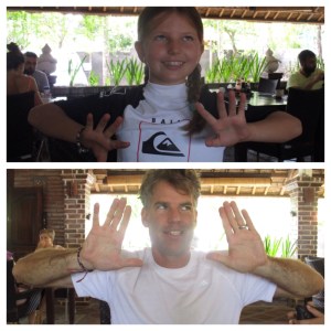 Jeff get a lesson from Pia on Balinese Dance. Elbows up, open hands, move your eyes only and smile all the time... got it?!